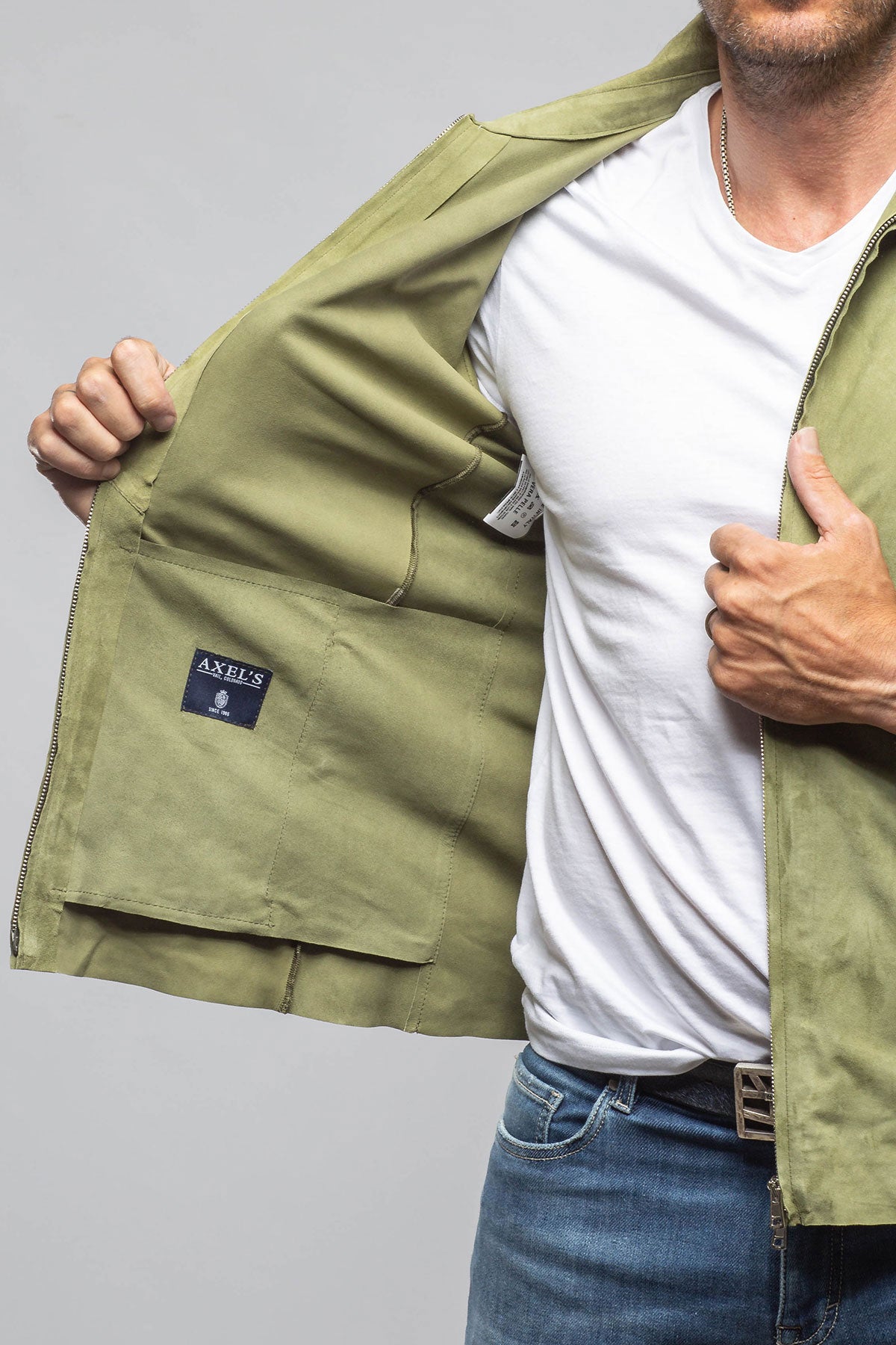 Axel's Florence Collection | The Don II Suede Zip Jacket In Salvia | Mens - Outerwear - Leather 