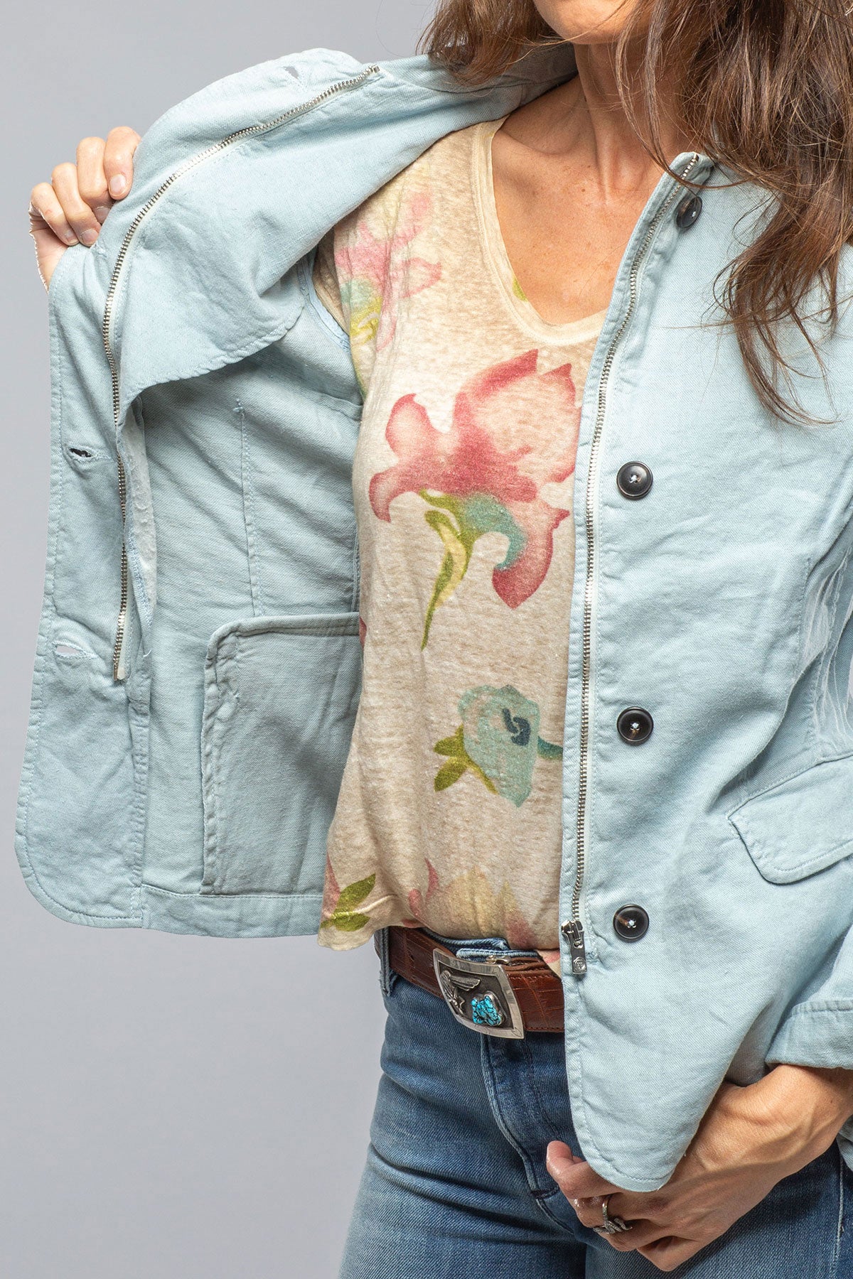 Axel's Premium Denim Chama Cotton Linen Washed Blazer Jacket In Blue Ice Ladies - Outerwear - Lightweight