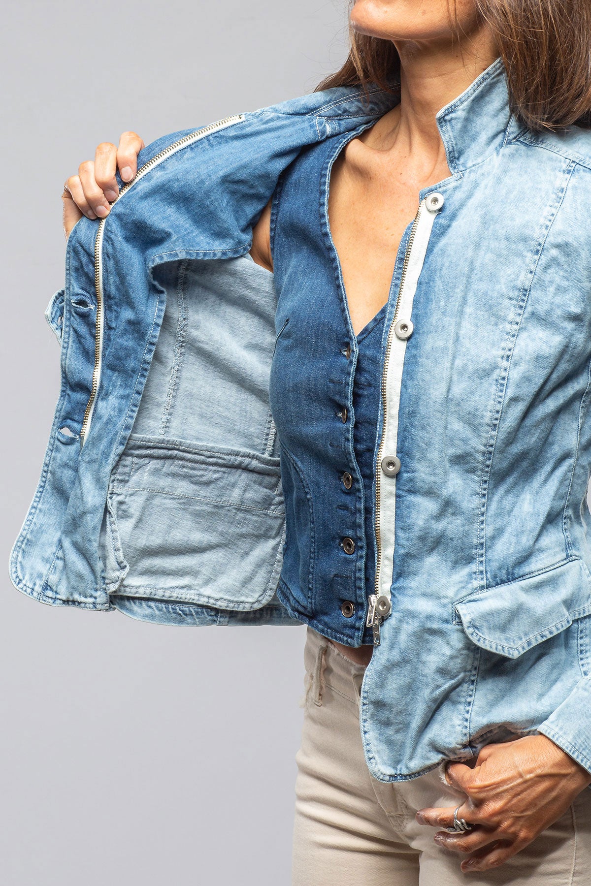 Axel's Premium Denim | Evelyn Chambray Blazer In Oyster Blue | Ladies - Outerwear - Lightweight 