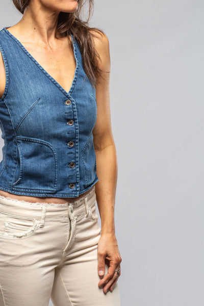Axel's Premium Denim Scottie Short Denim Vest In Mid Dark Blue Ladies - Tops
