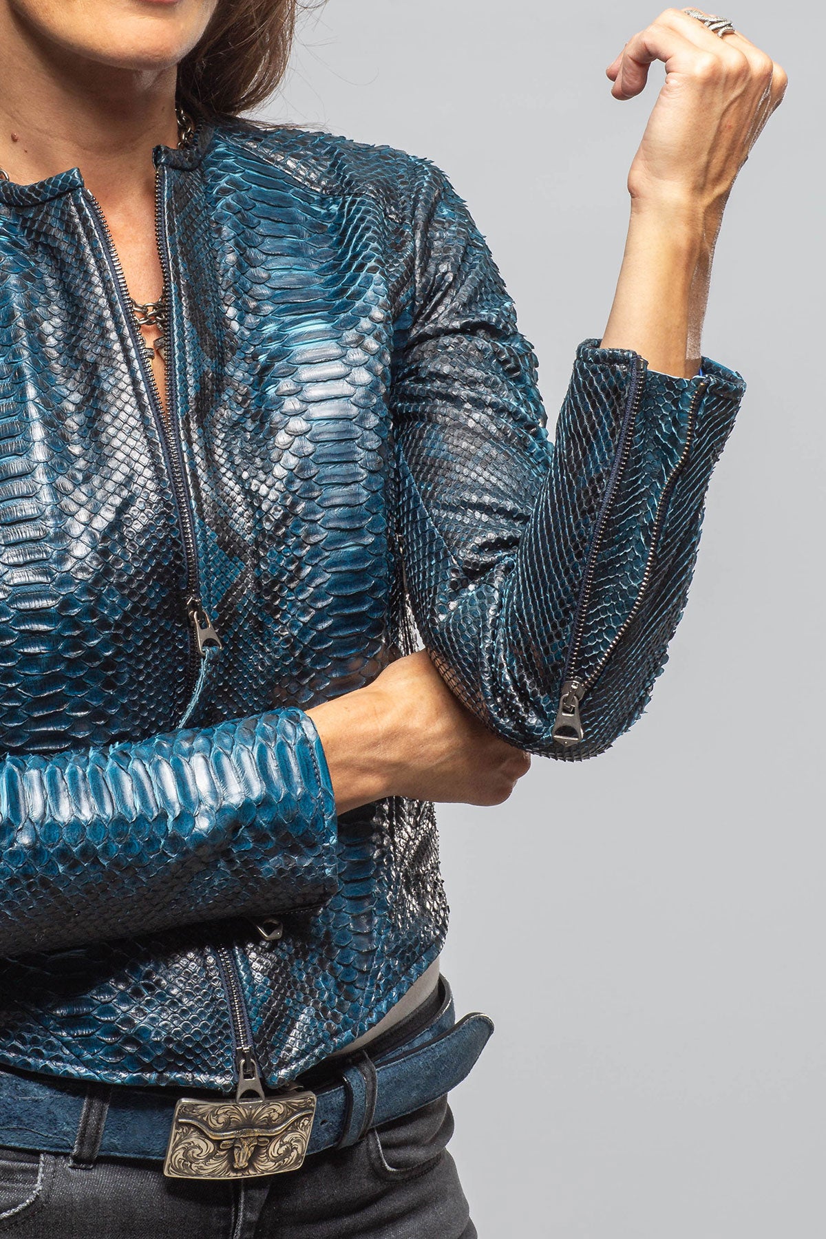 Axel's Renegade by Garrett Qwyn Python Moto In Petroleum Ladies - Outerwear - Leather