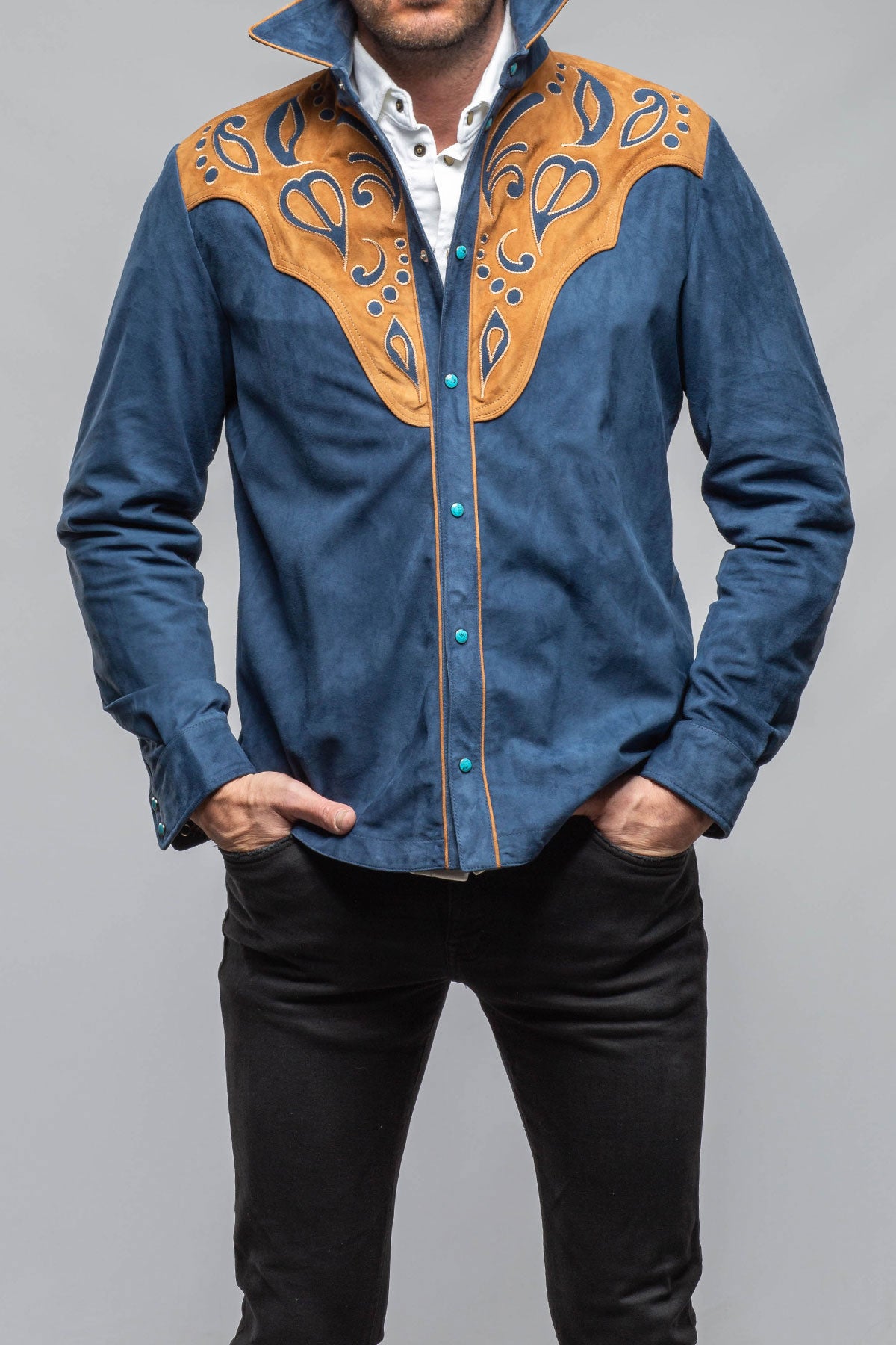 Axel's Stil Corzo Western Suede Overshirt In Blue Mens - Outerwear - Leather
