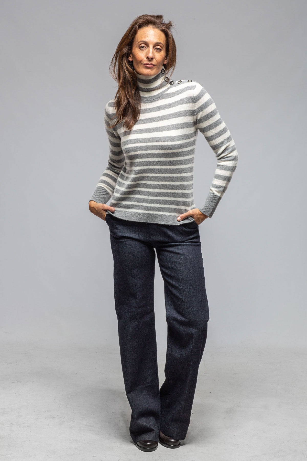Axels Georgi Cashmere Striped Button Collar In Grigo/Luna Ladies - Sweaters