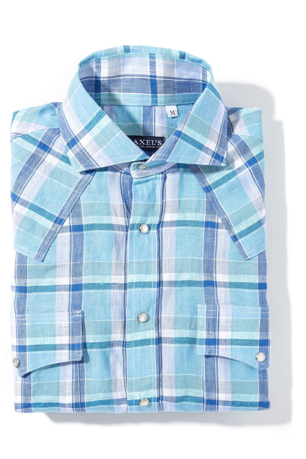Axels-Is Western Linen In Turquoise With Blue Window Pane Mens - Shirts - Dress