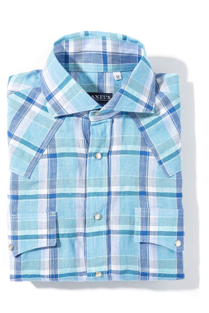 Axels-Is Western Linen In Turquoise With Blue Window Pane Mens - Shirts - Dress