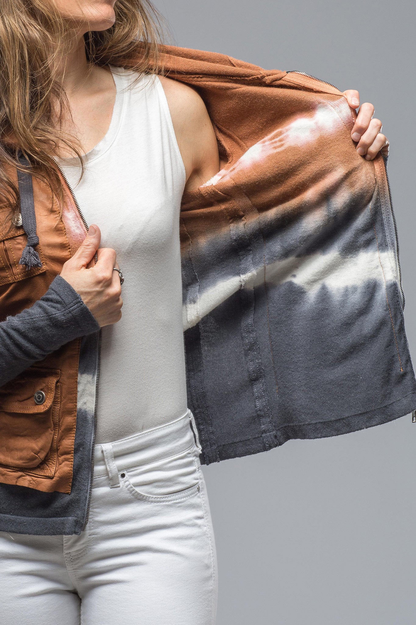 Solitude Hoodie In Brown, White, Grey Tie-Dye | Ladies - Outerwear - Leather | Roncarati