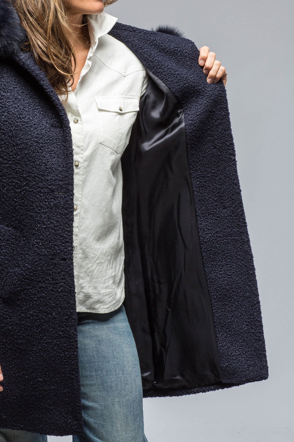 Ivana Wool Coat With Fur Lined Hood in Navy | Ladies - Outerwear - Cloth | DiBello