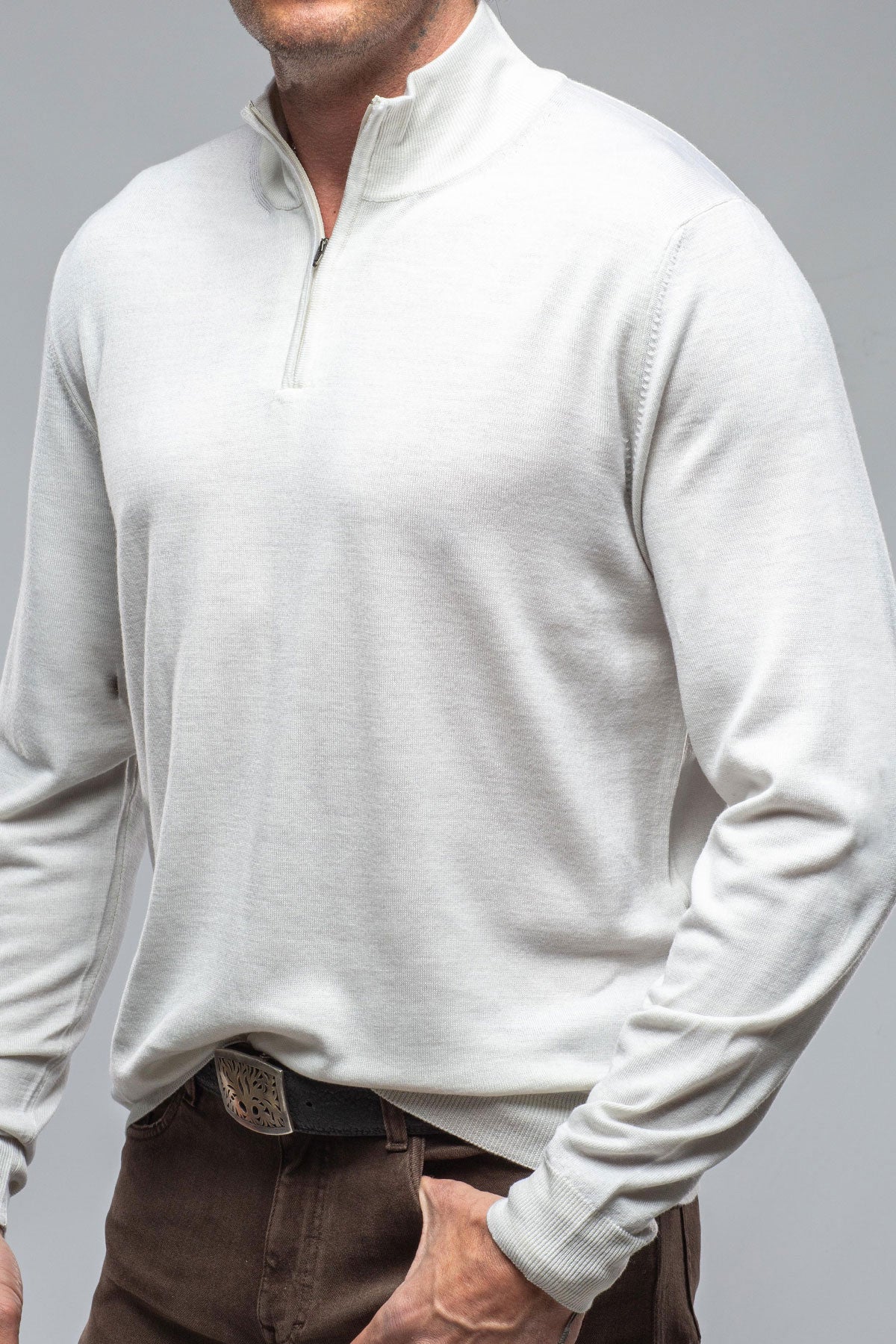 Manzoni Merino Half Zip Sweater in Off White | Mens - Sweaters | Dune