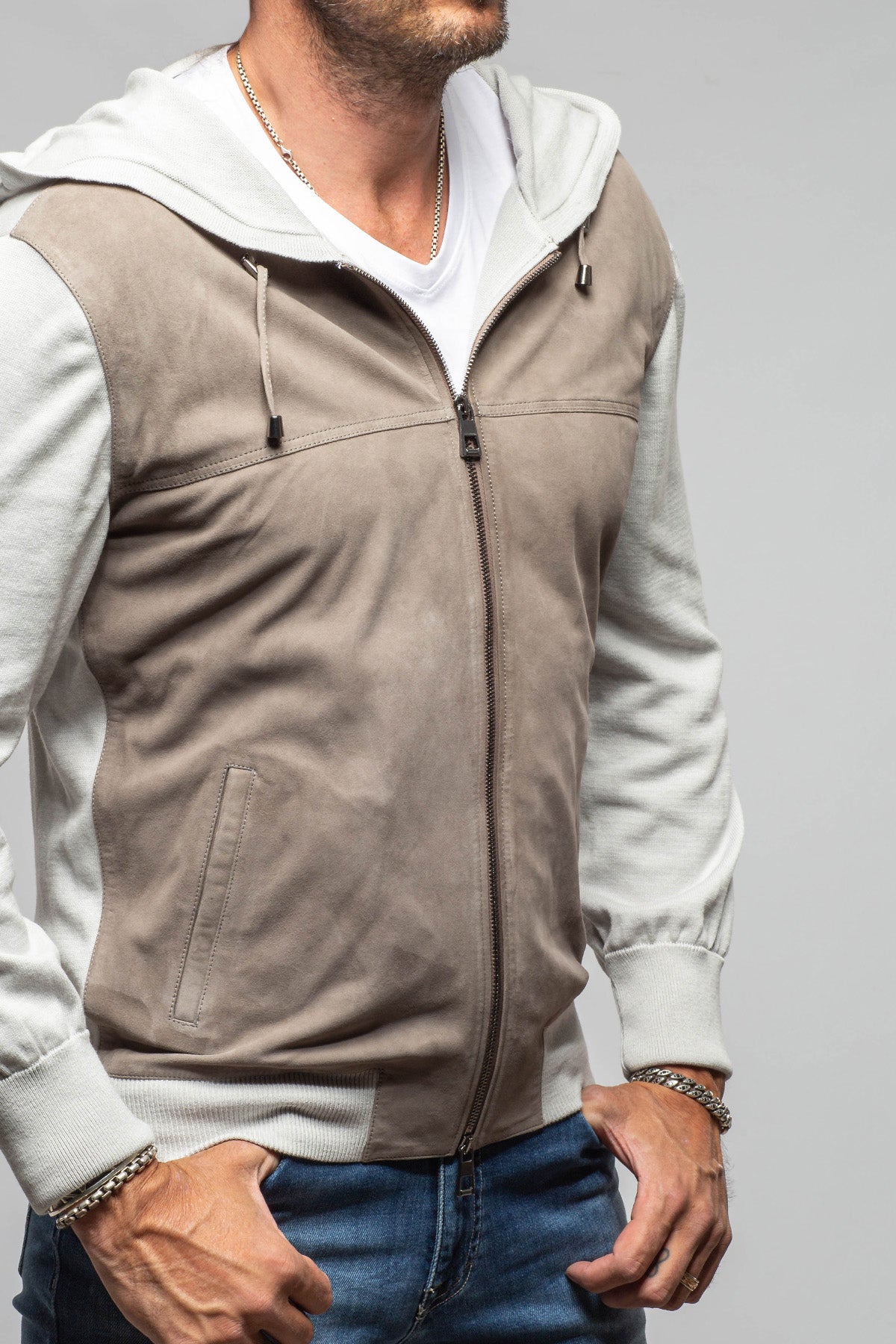 DiBello Hughes Suede & Knit Jacket In Grigio Samples - Mens - Outerwear - Leather