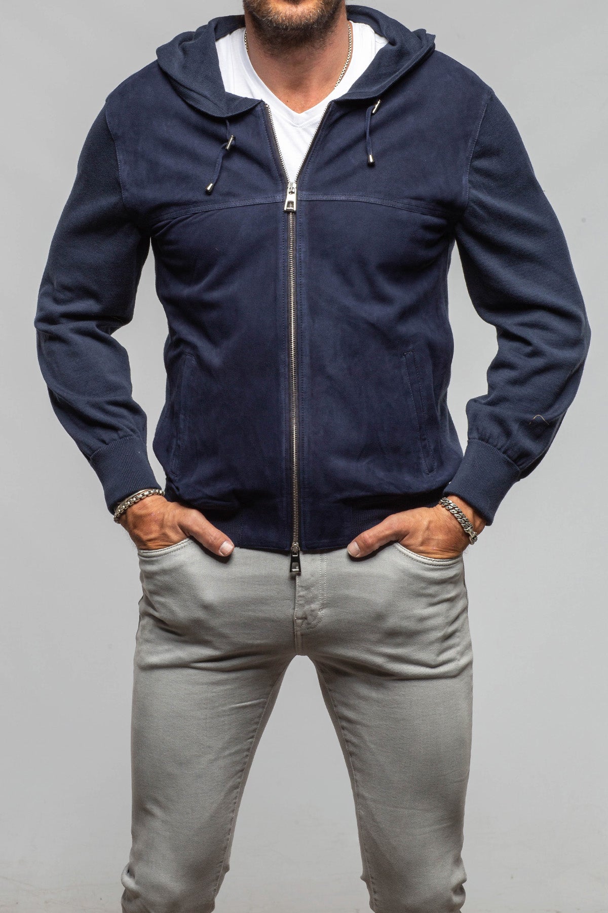 DiBello Hughes Suede & Knit Jacket In Navy Samples - Mens - Outerwear - Leather