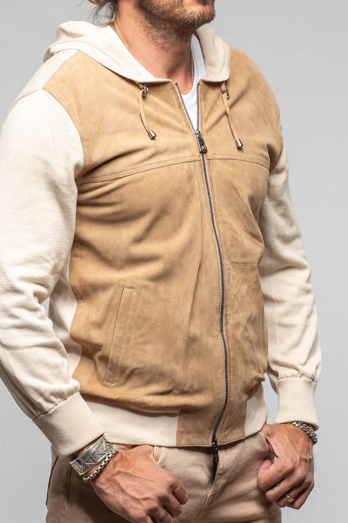 DiBello Hughes Suede & Knit Jacket In Tan/Beige Samples - Mens - Outerwear - Leather