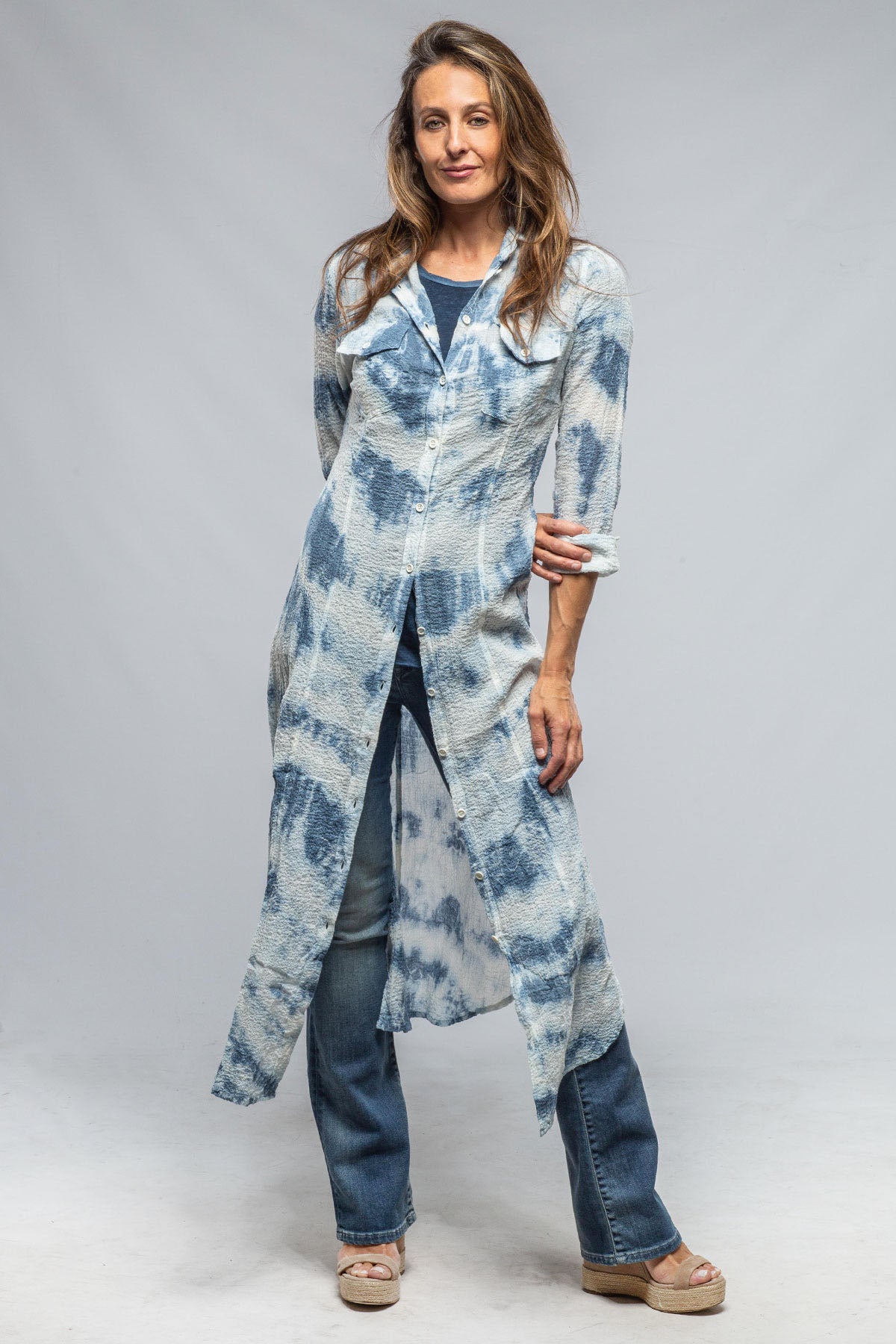 Dune Carol Crepe Cotton Long Shirt In Blue Tie Dye Ladies - Tops