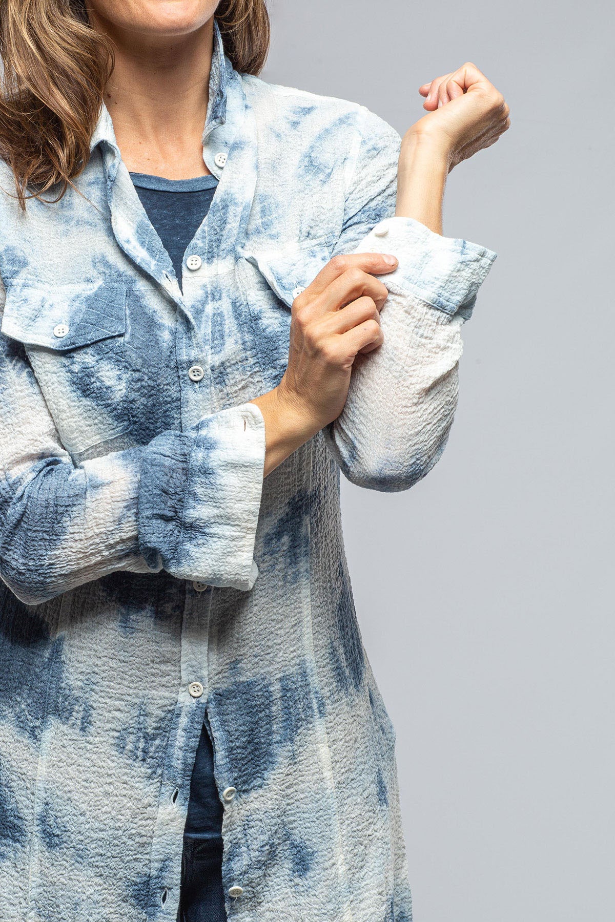 Dune Carol Crepe Cotton Long Shirt In Blue Tie Dye Ladies - Tops