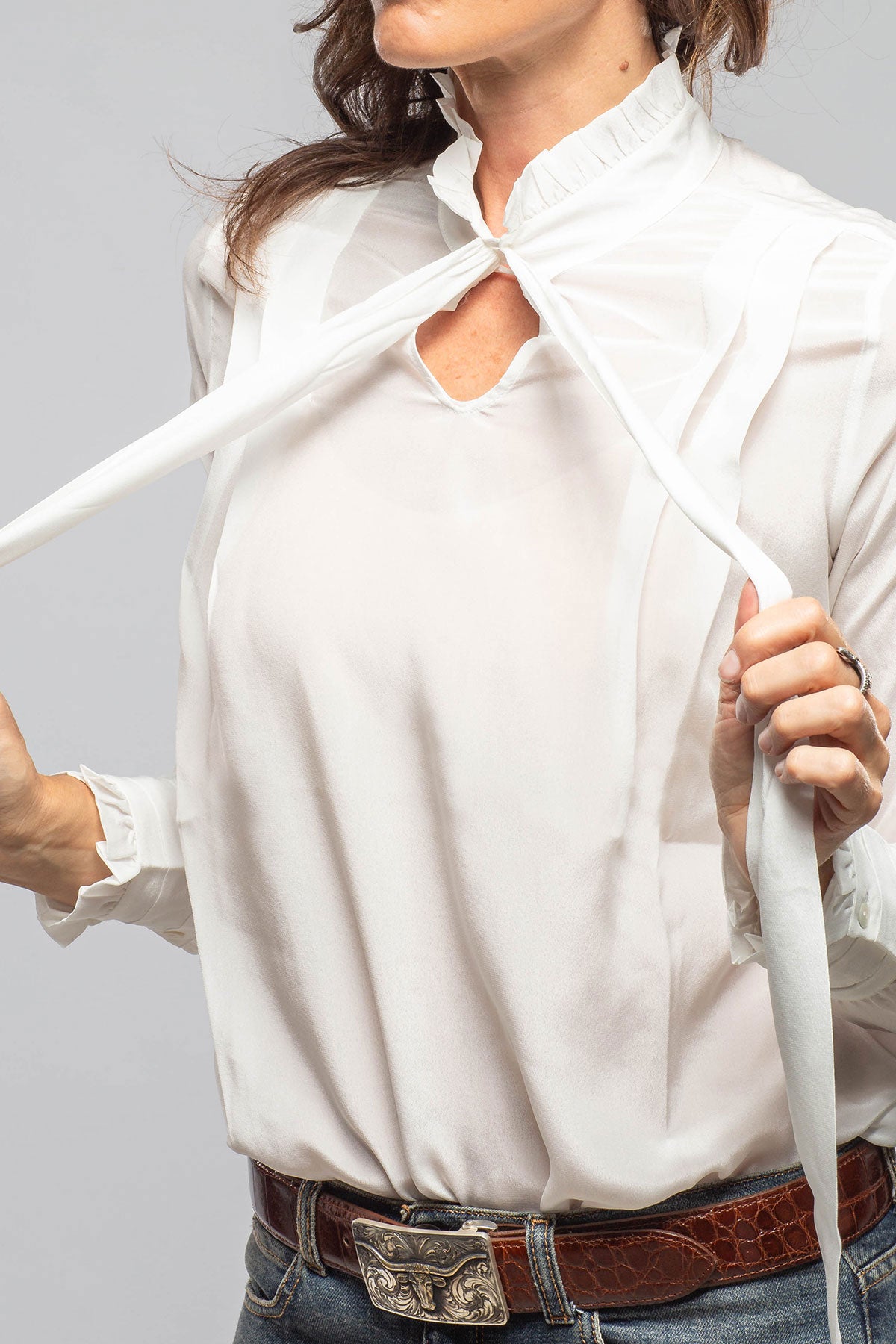 Pascal Silk Ruffle Tie Neck Blouse In White | Ladies - Blouses | European Culture
