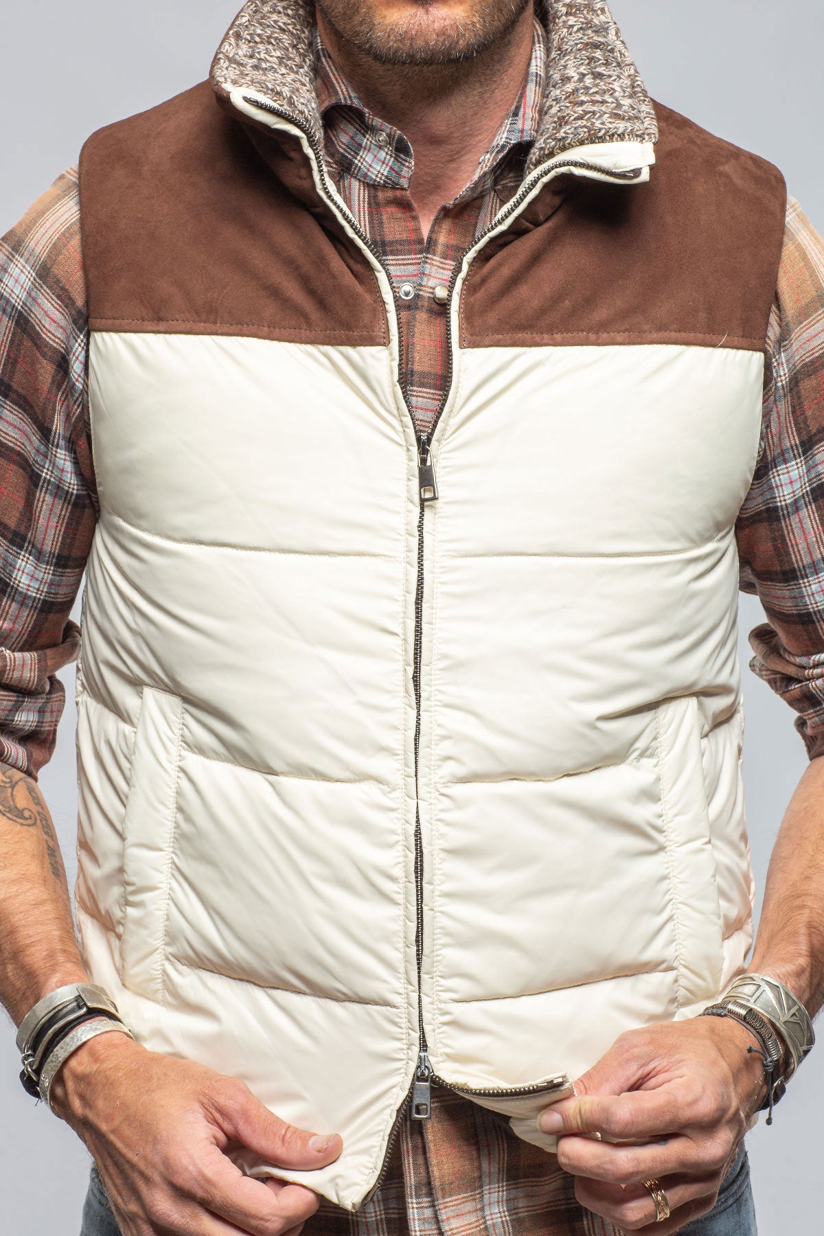 Vail Vest In White with Brown Suede | Mens - Outerwear - Leather | DiBello