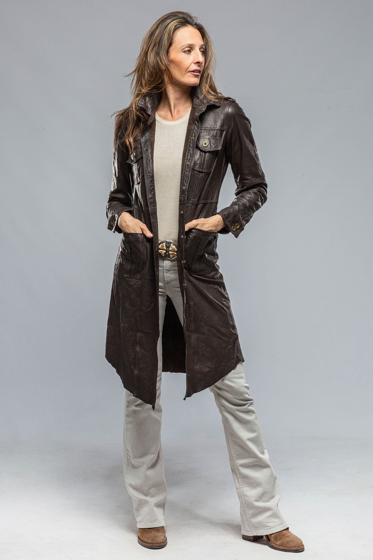 Mala 4 Pocket Leather Coat In Dk. Taupe | Ladies - Outerwear - Leather | Roncarati