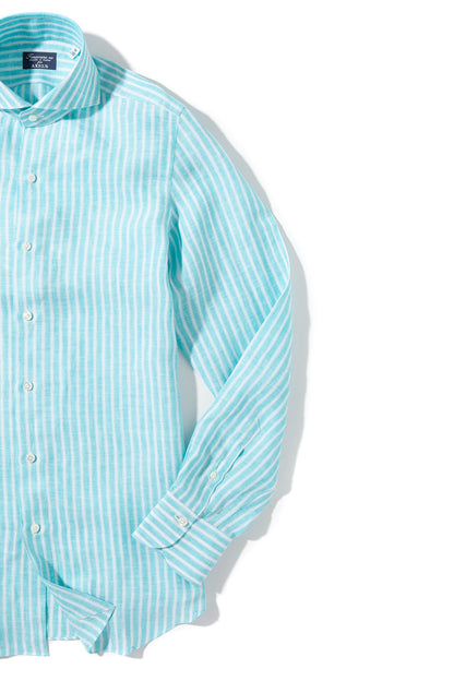 Finamore Napoli Bonobo Linen Washed Bengal Stripe In Turquoise Mens - Shirts - Dress