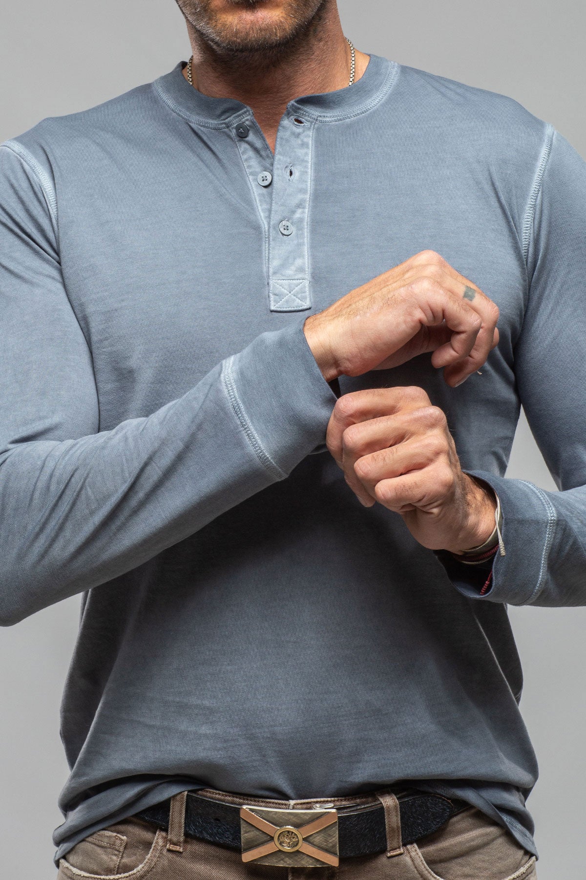 Georg Roth Coronado Cotton LS Henley in Capri Blue Mens - Shirts - T-Shirts