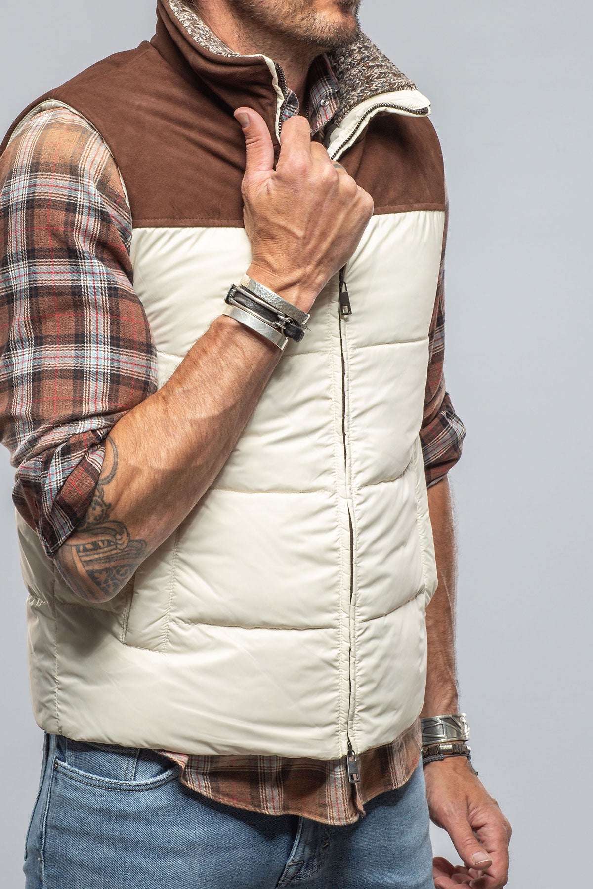 Vail Vest In White with Brown Suede | Mens - Outerwear - Leather | DiBello