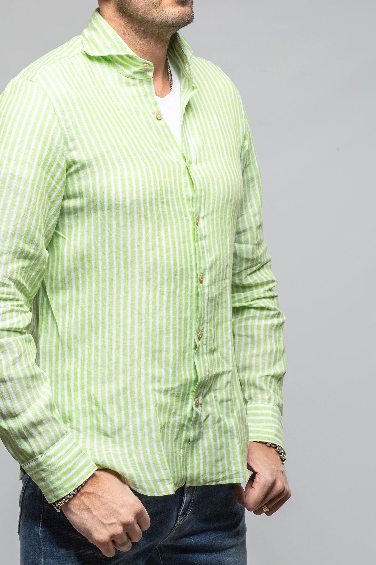 Giannetto Portofino Bulliet Linen Stripe Shirt In Green Mens - Shirts - Dress