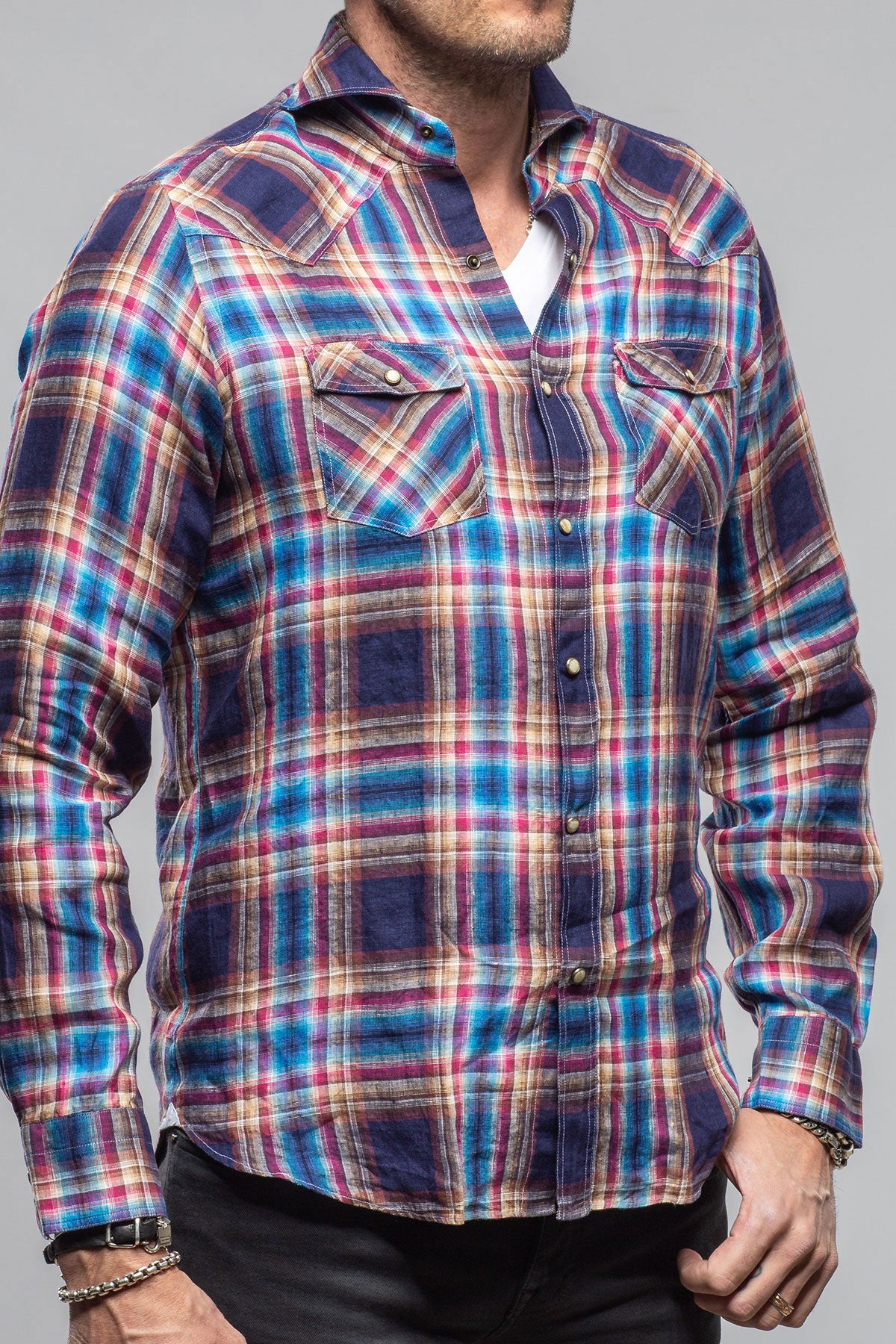Giannetto Portofino Firenze Linen Snap Shirt In Navy Mens - Shirts - Dress