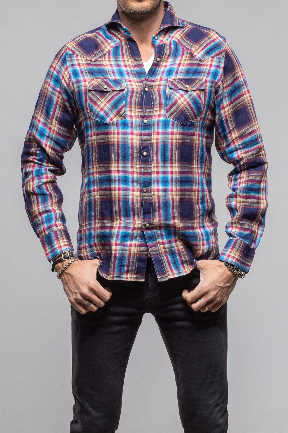 Giannetto Portofino Firenze Linen Snap Shirt In Navy Mens - Shirts - Dress