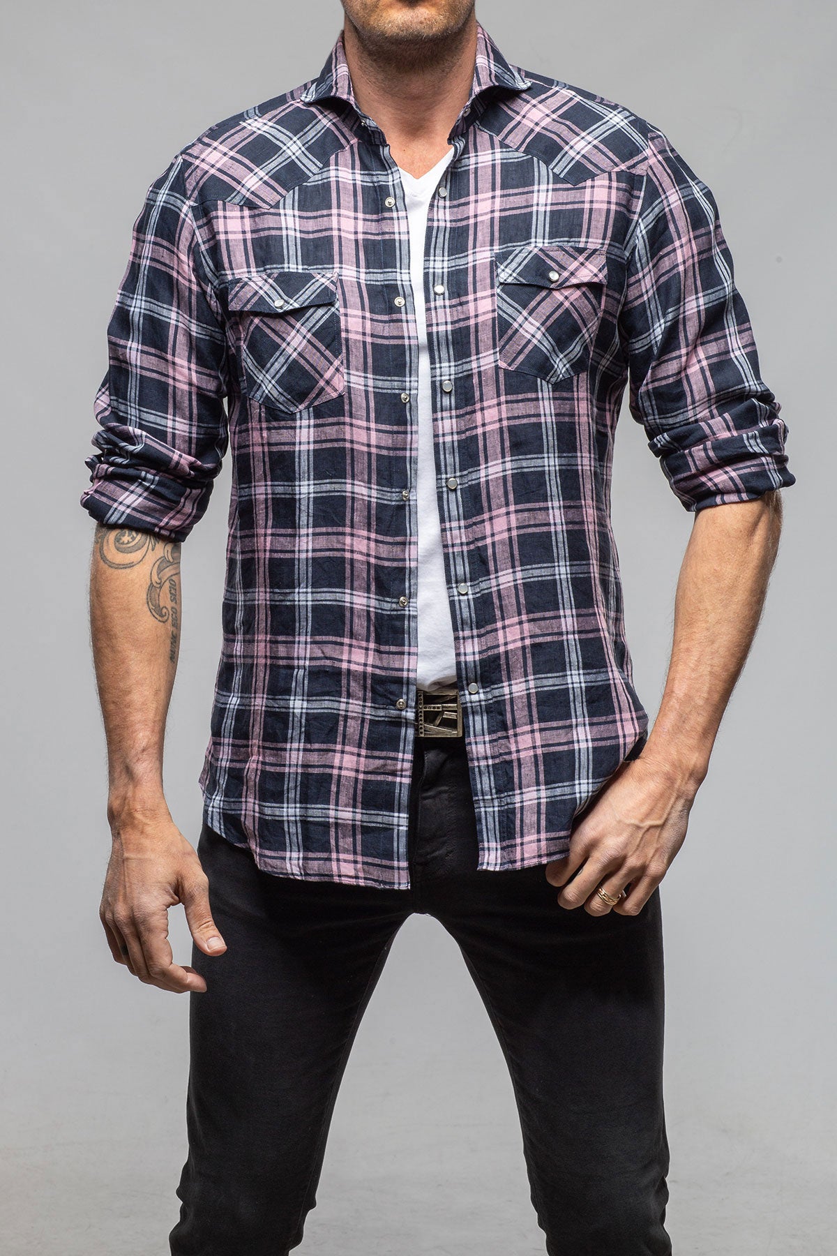 Firenze Linen Snap Shirt In Navy/Pink | Mens - Shirts - Dress | Giannetto Portofino