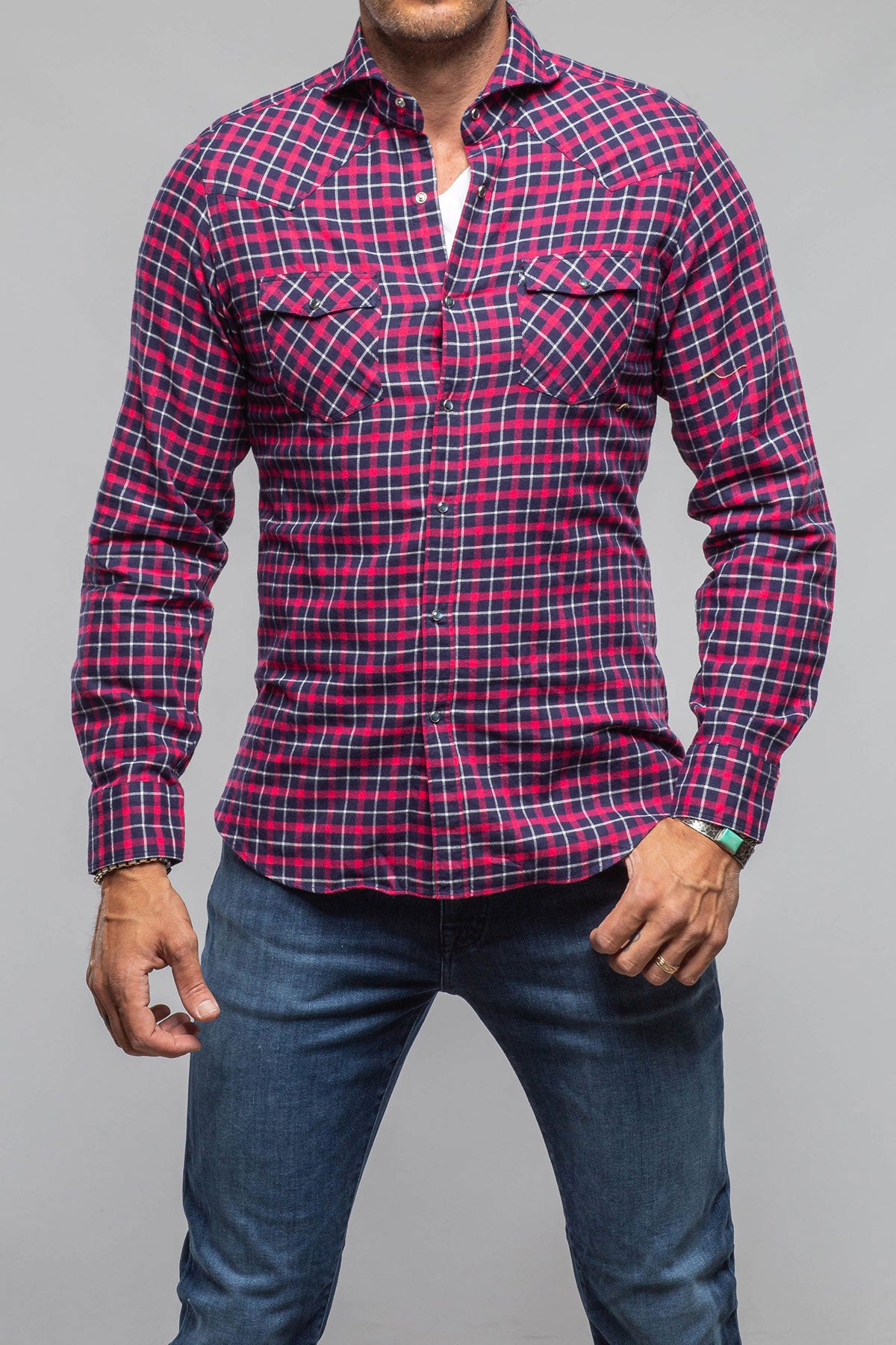 Harmony Check Flannel Snap Shirt In Pink Navy | Mens - Shirts - Dress | Giannetto Portofino