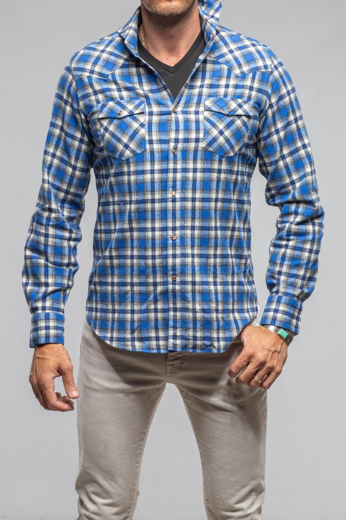 Lagoon Washed Western Check Snap Shirt In Blue Black | Mens - Shirts - Dress | Giannetto Portofino