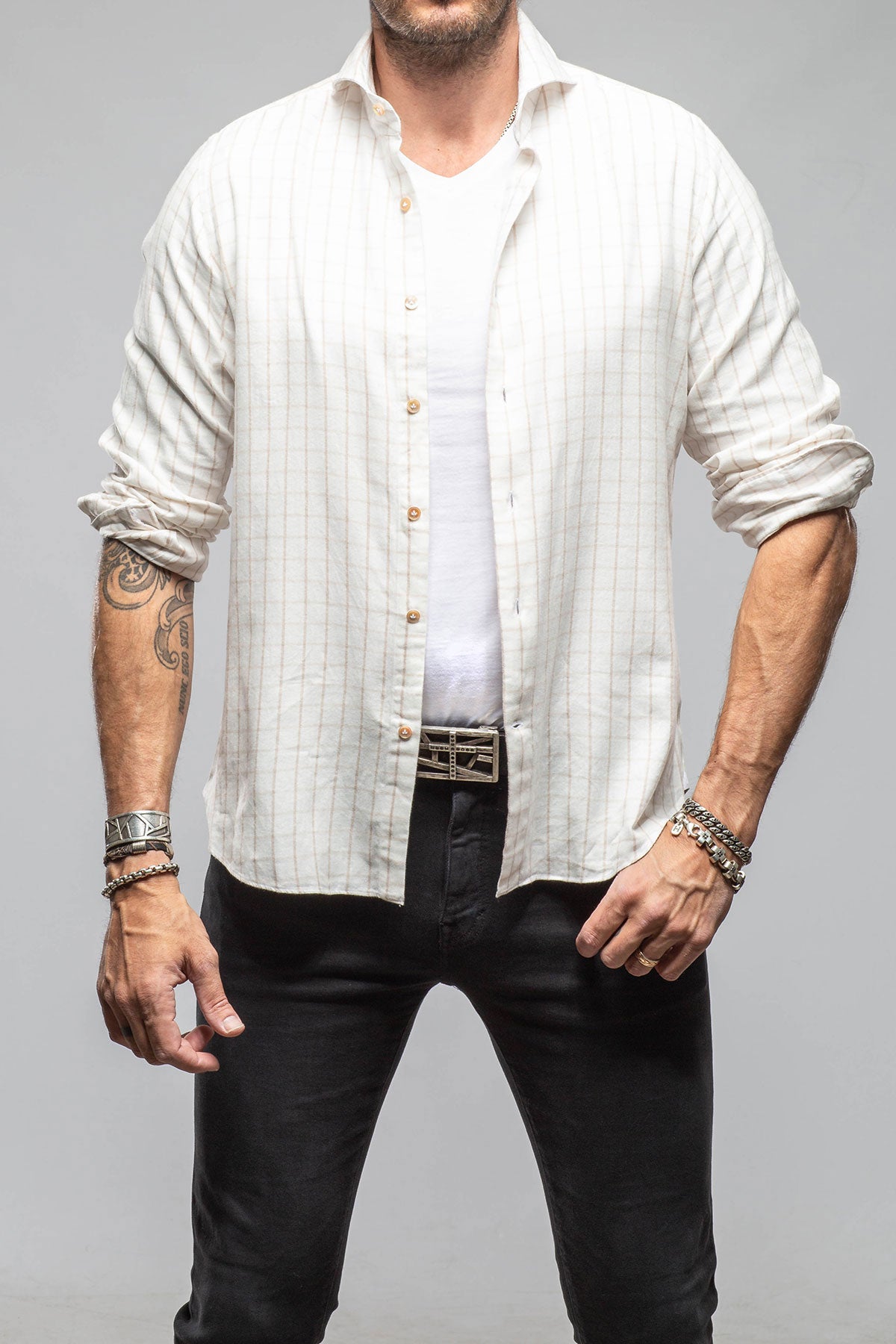 Starlight Soft Cotton Shirt In Beige White Check | Mens - Shirts - Dress | Giannetto Portofino