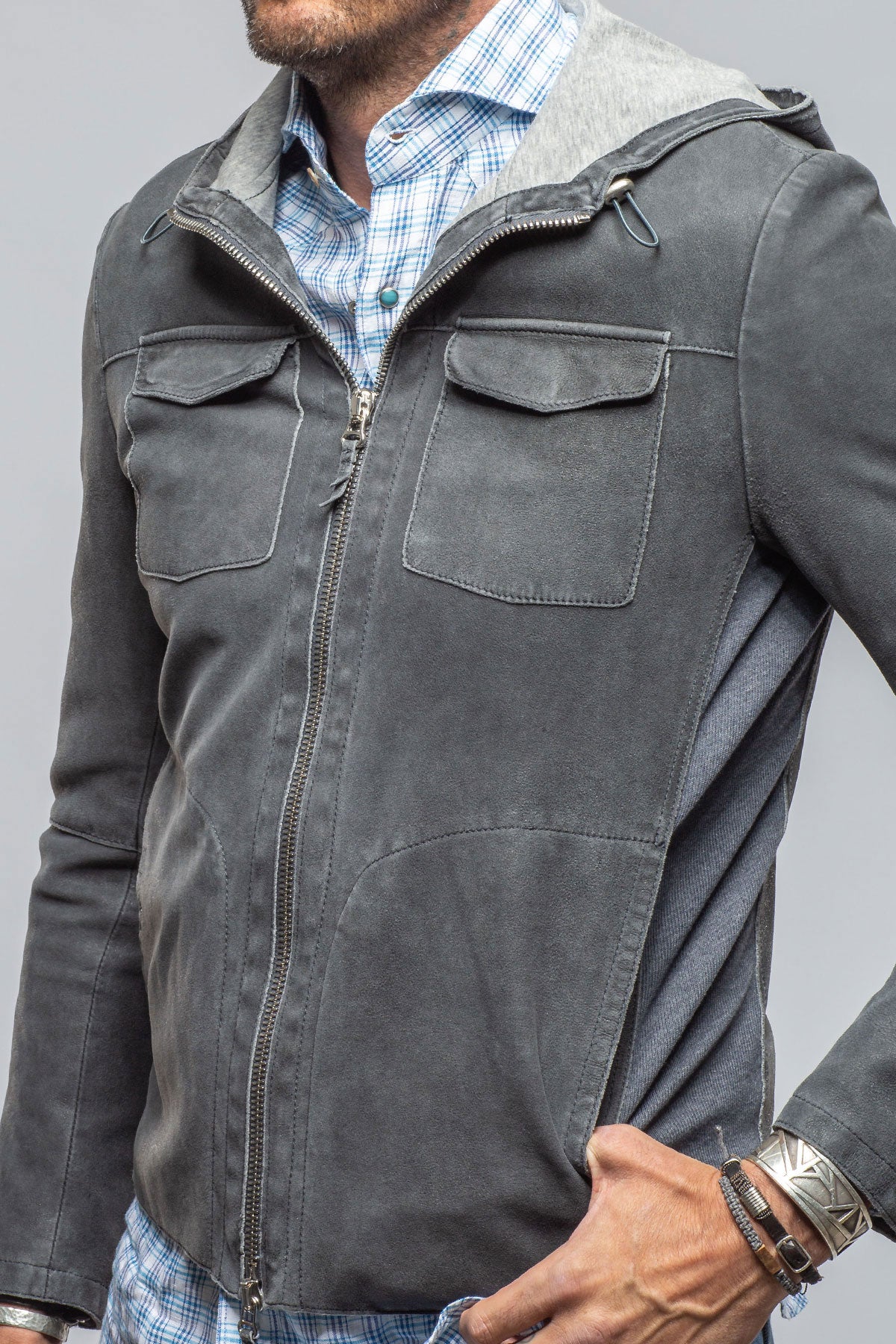 Donnarumma Suede Hoodie In Denim Blue | Mens - Outerwear - Leather | Gimo's