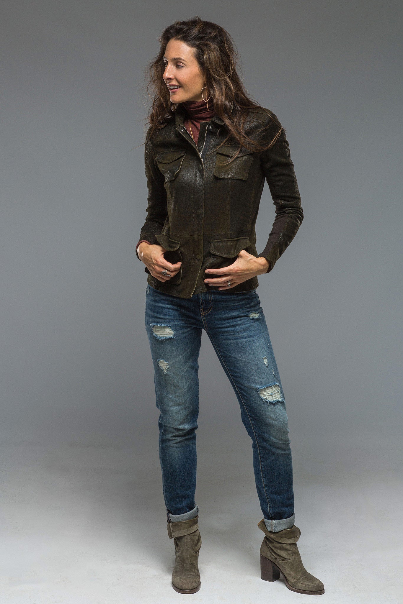 Gimo's Guns & Roses Jacket in Vintage Olive Ladies - Outerwear - Leather