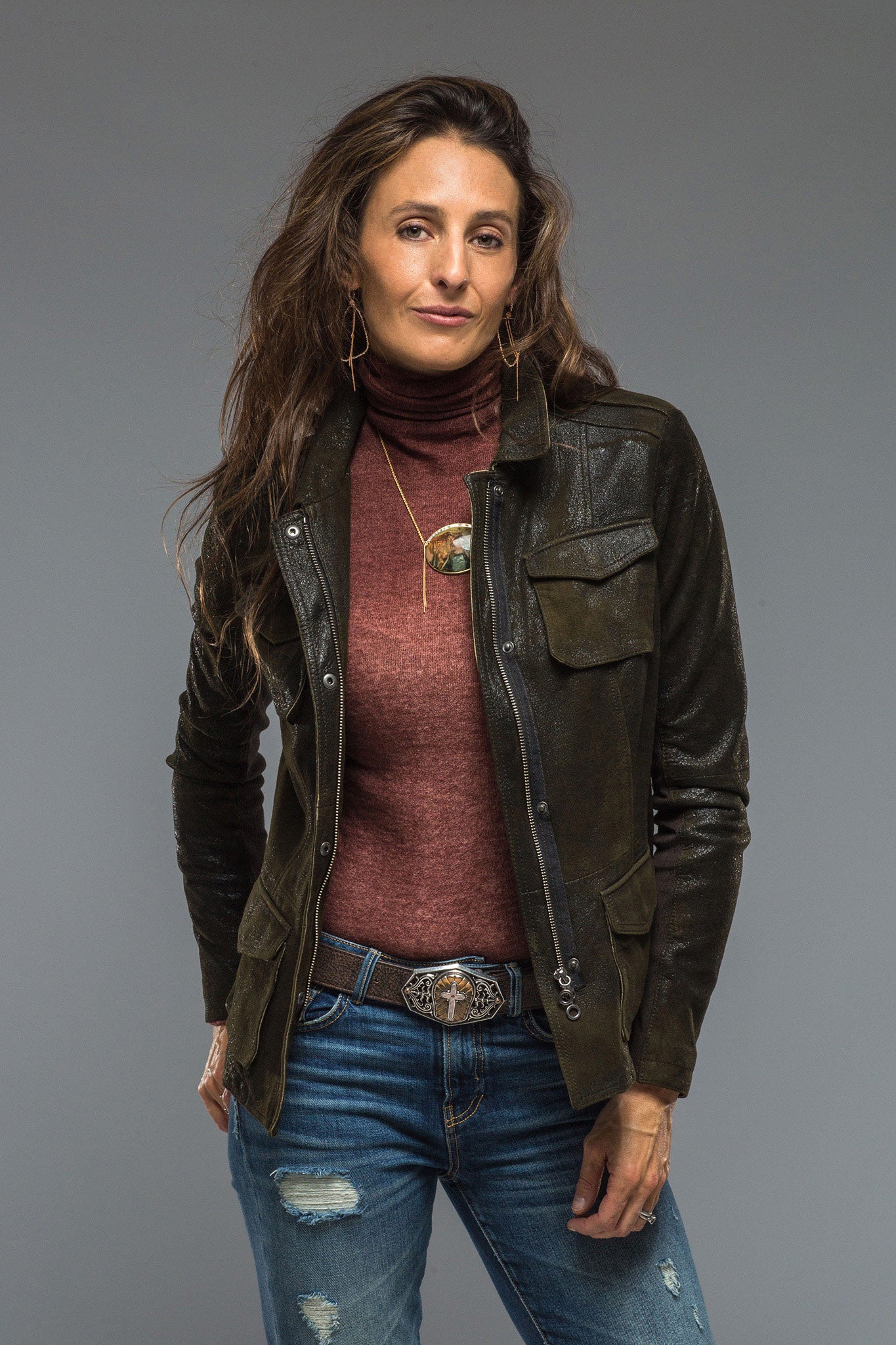 Gimo's Guns & Roses Jacket in Vintage Olive Ladies - Outerwear - Leather