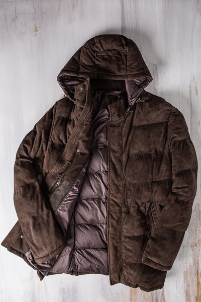 Reardon Suede Down Puffer | Samples - Mens - Outerwear - Leather | Gimo's