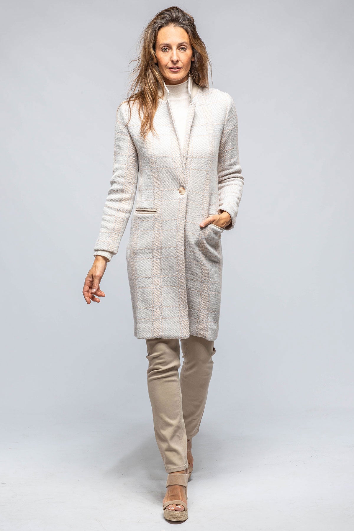 Paseo Long Coat In White/Nougat/Beige/Grey Plaid | Ladies - Tailored - Jackets | Amina Rubinacci