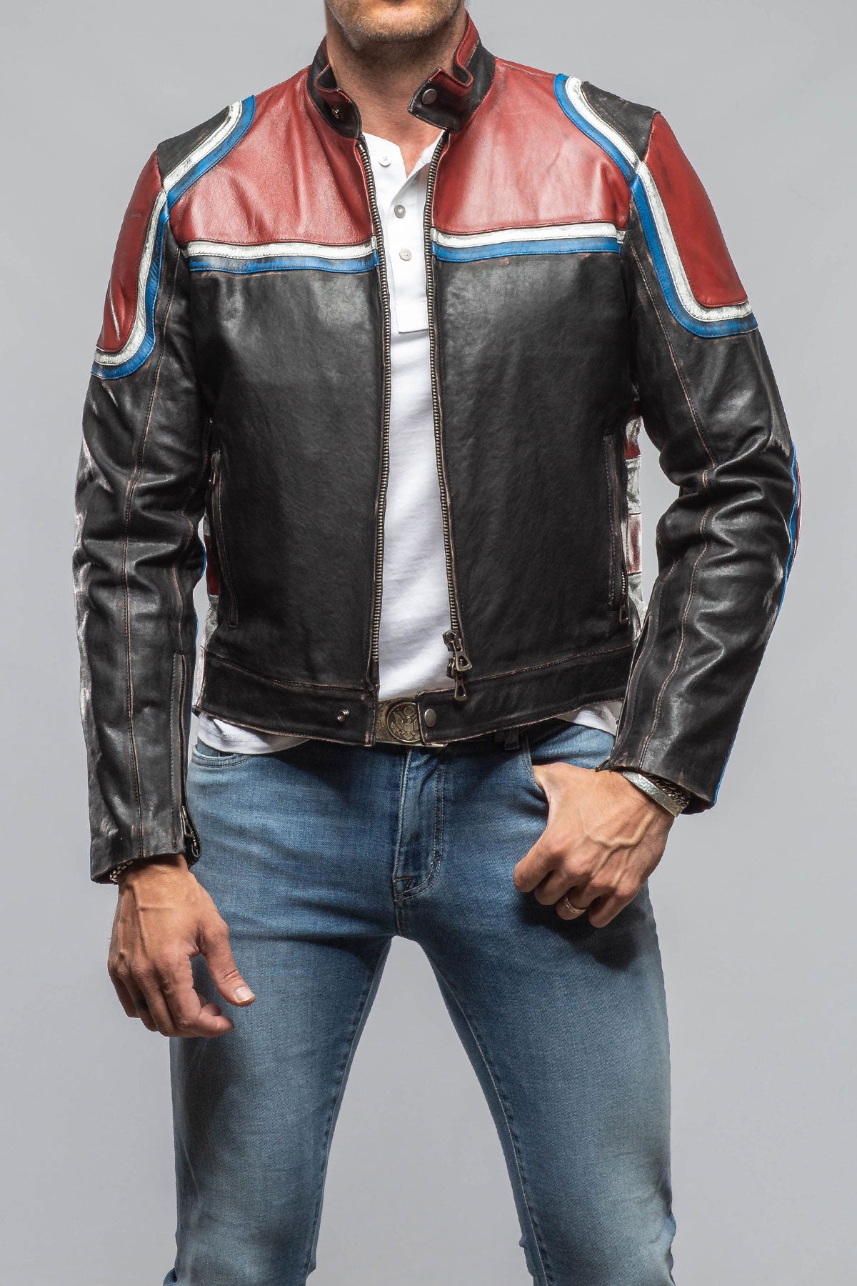 Retro Biker Jacket In Burgundy, White