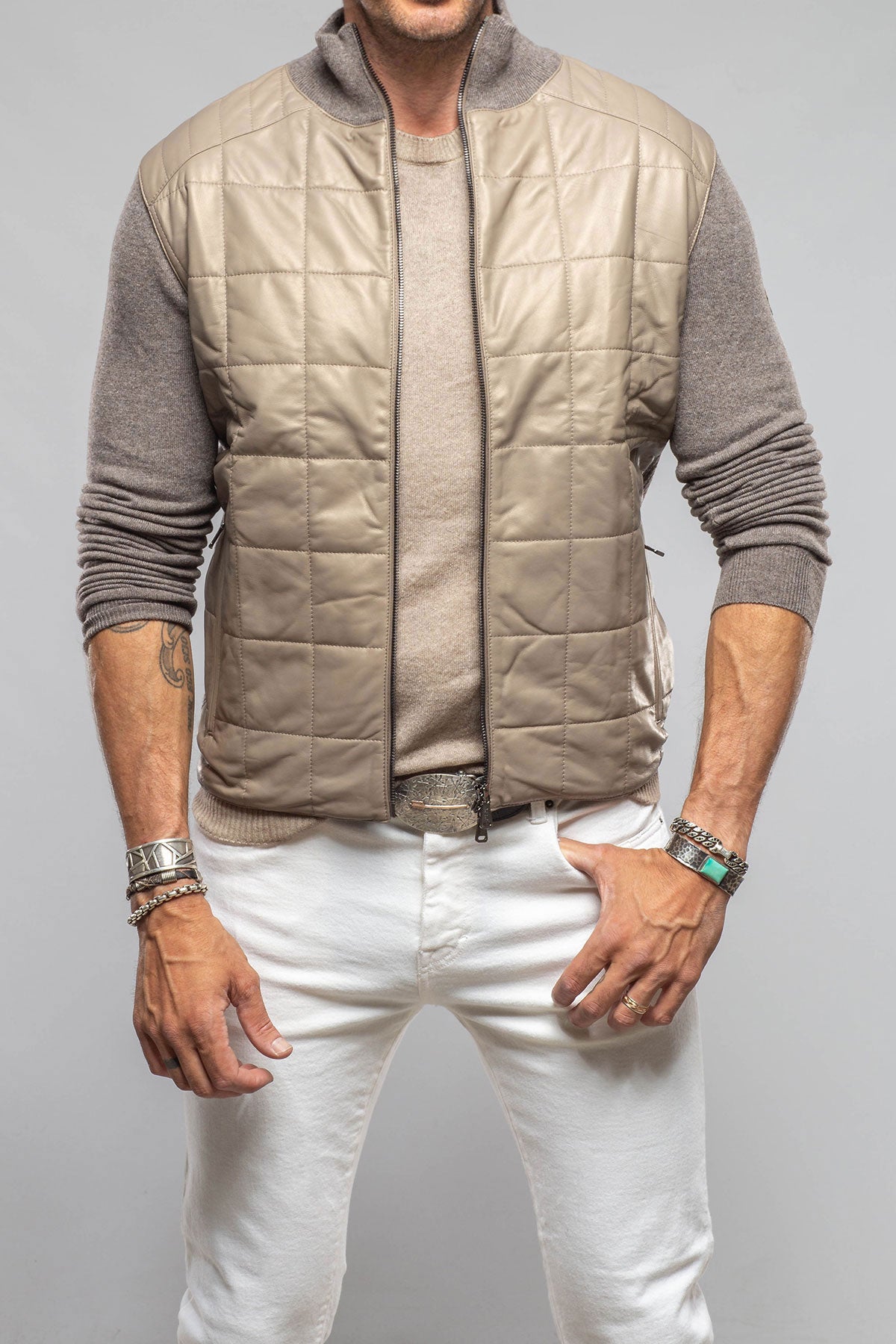 Luge Racer Sweater Jacket In Gold Sand | Mens - Outerwear - Leather | Heinz Bauer