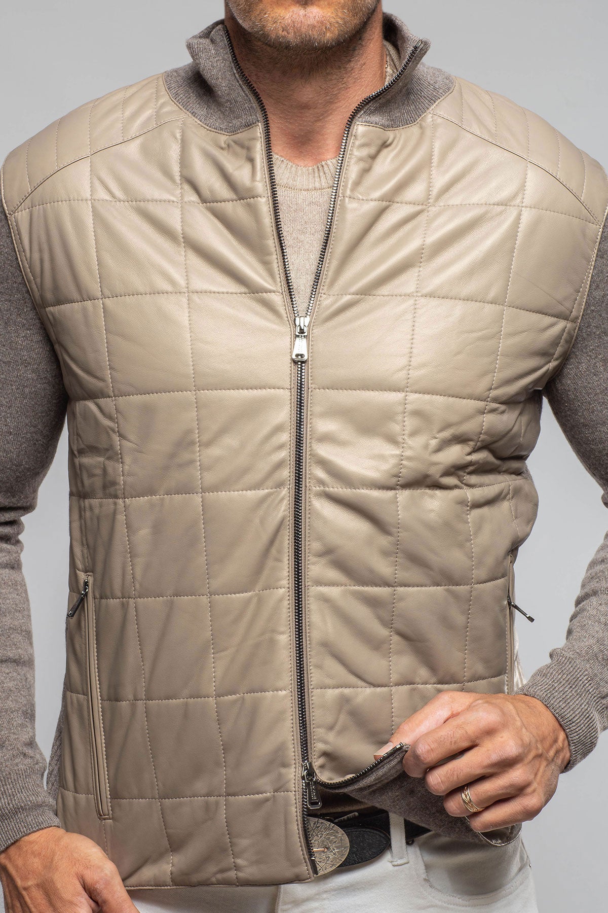 Luge Racer Sweater Jacket In Gold Sand | Mens - Outerwear - Leather | Heinz Bauer