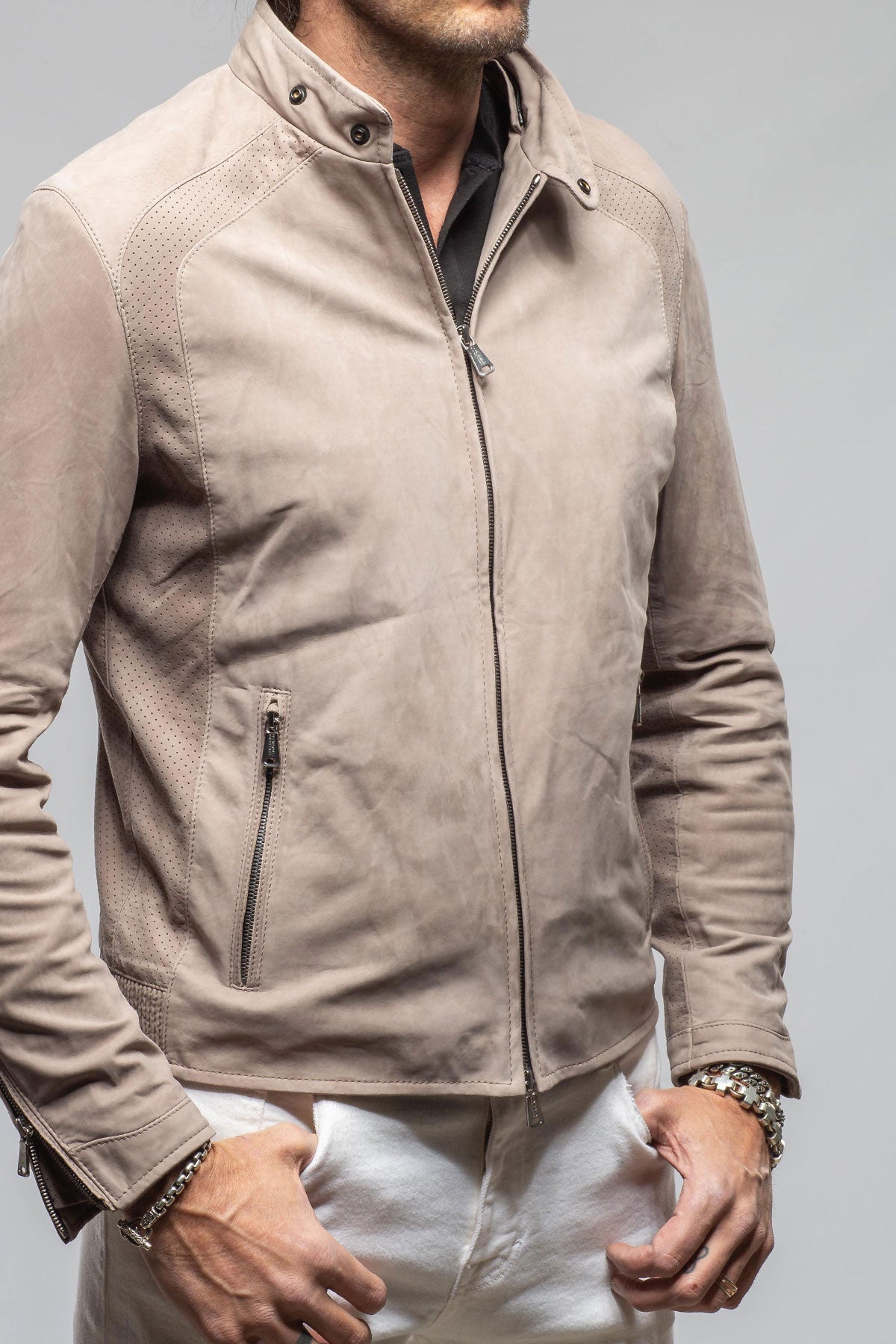Heinz Bauer San Remo Race Jacket In Grey Sand Mens - Outerwear - Leather