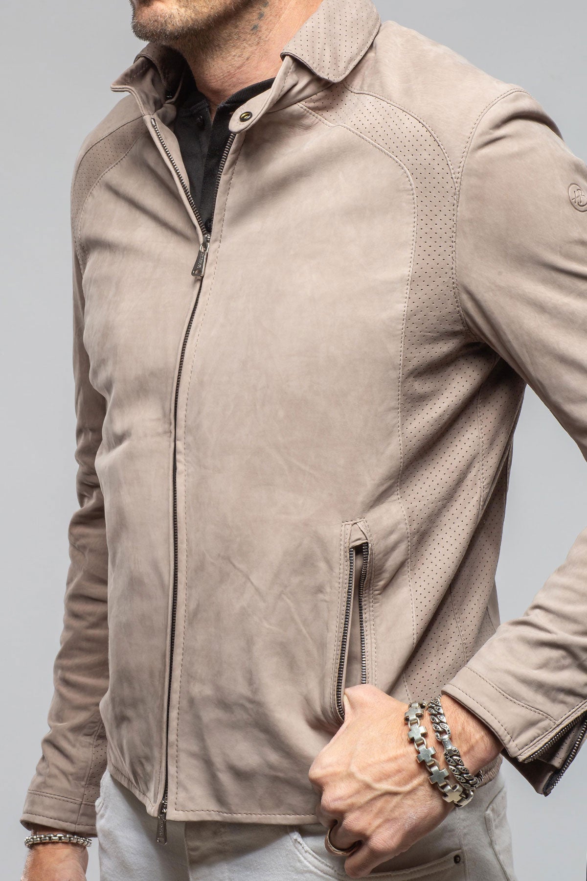Heinz Bauer San Remo Race Jacket In Grey Sand Mens - Outerwear - Leather
