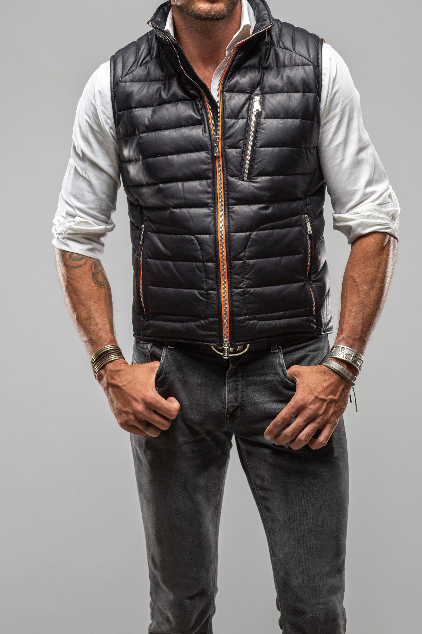 Heinz Bauer Saxan Leather Vest In Navy Mens - Outerwear - Leather