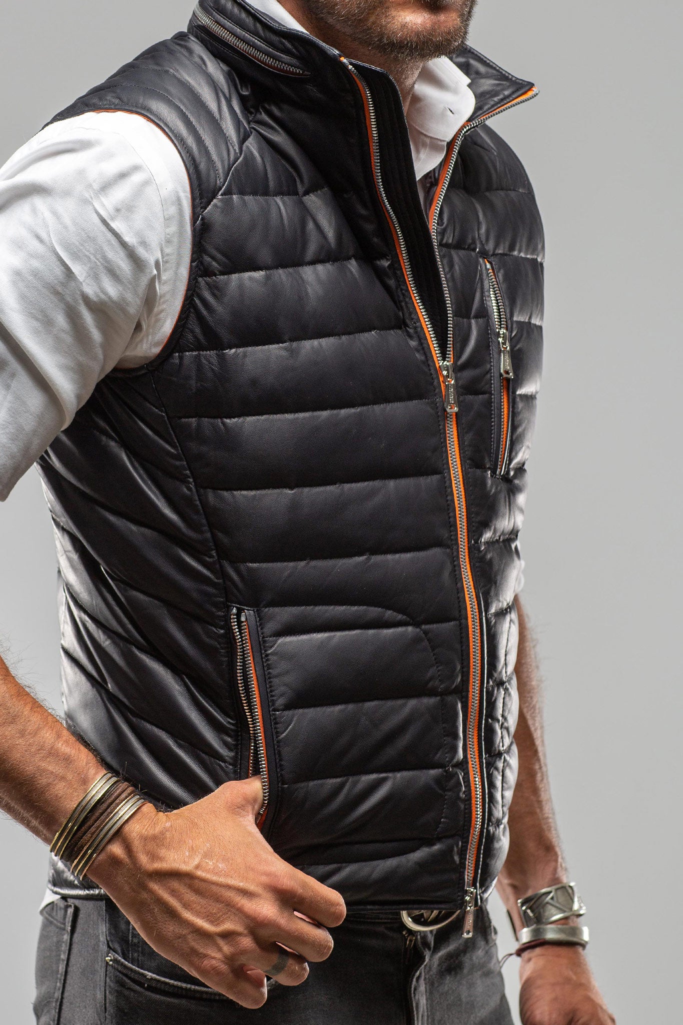 Heinz Bauer Saxan Leather Vest In Navy - Mens - Outerwear