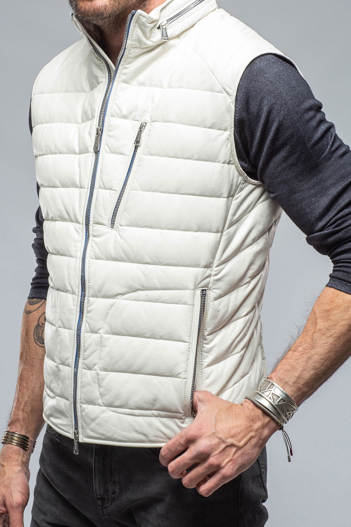 Heinz Bauer Saxan Leather Vest In Off White Mens - Outerwear - Leather