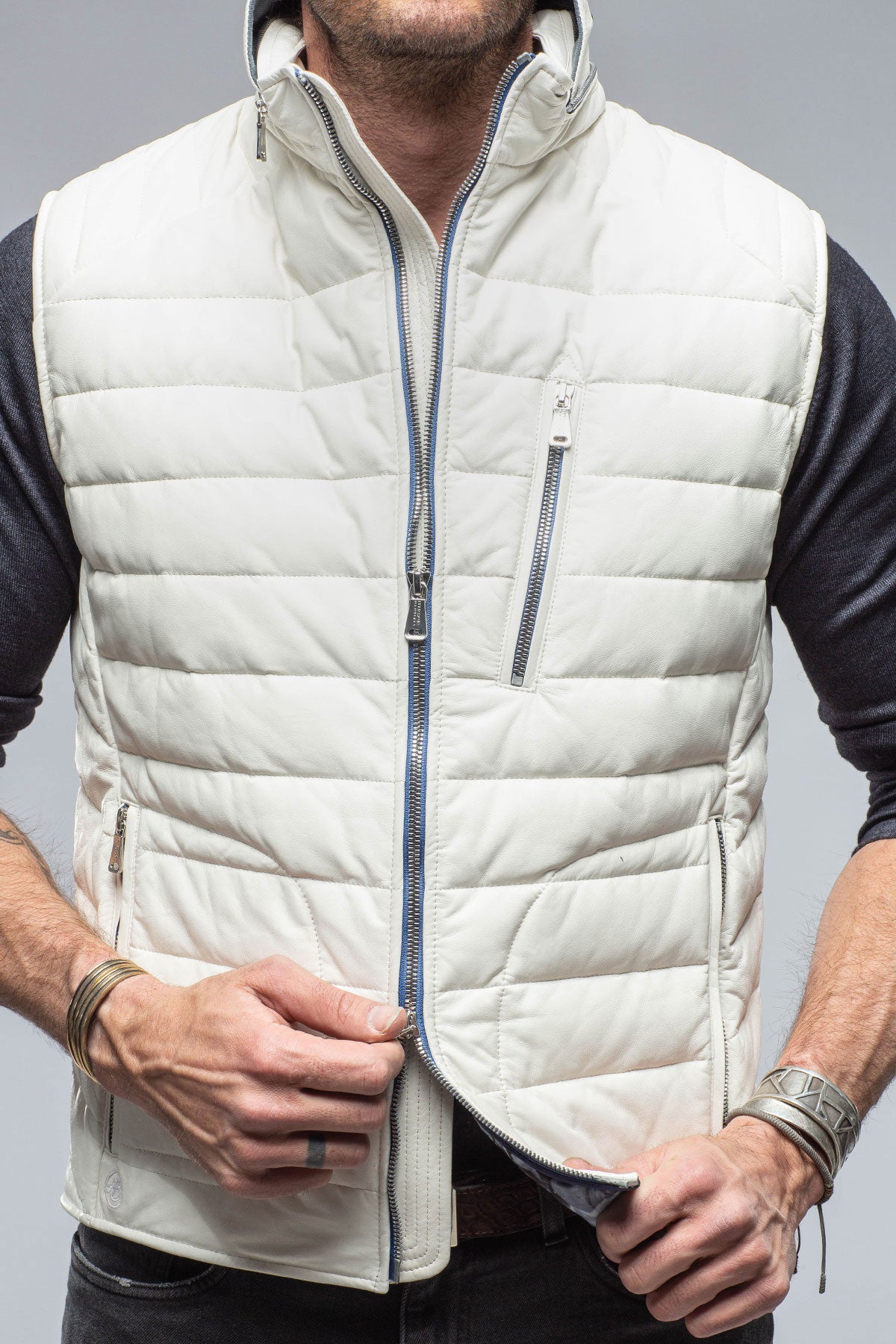 Heinz Bauer Saxan Leather Vest In Off White Mens - Outerwear - Leather