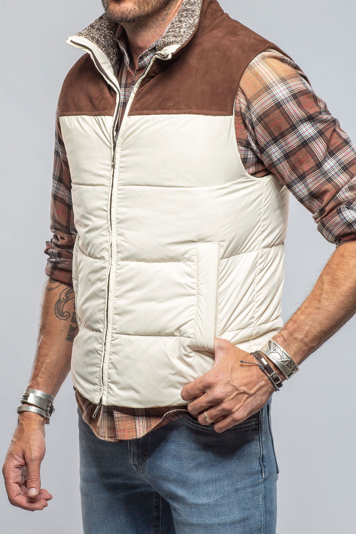 Vail Vest In White with Brown Suede | Mens - Outerwear - Leather | DiBello