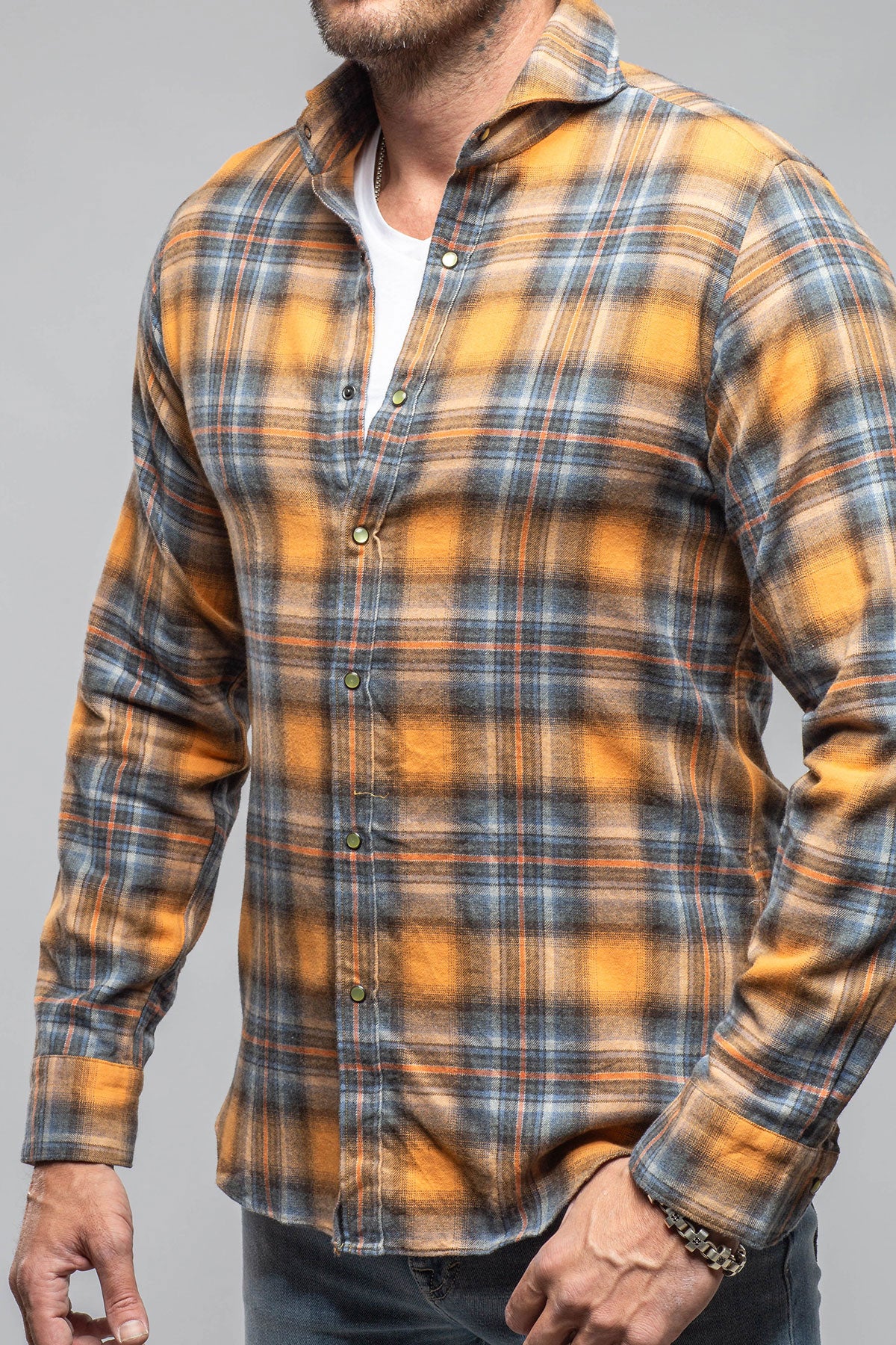 Sunbeam Cotton Check Snap Shirt In Orange Blue