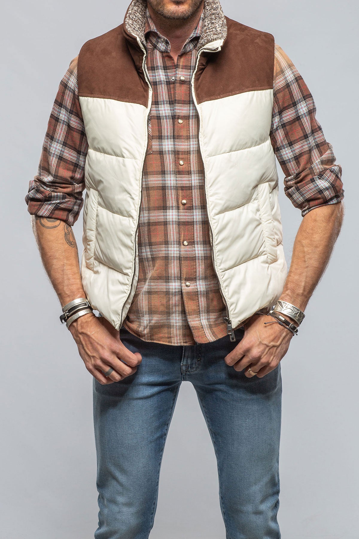 Vail Vest In White with Brown Suede | Mens - Outerwear - Leather | DiBello