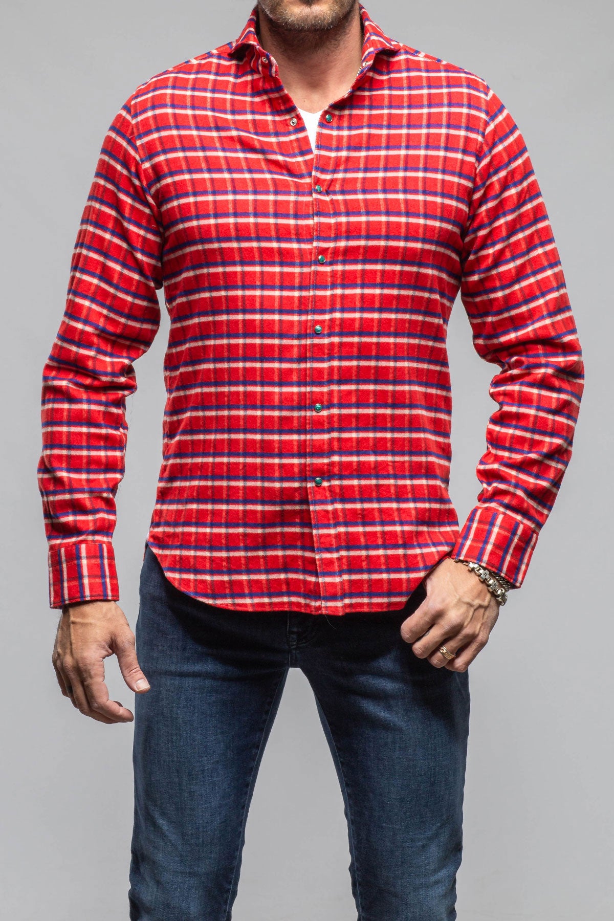Harmony Check Flannel Snap Shirt In Red Navy