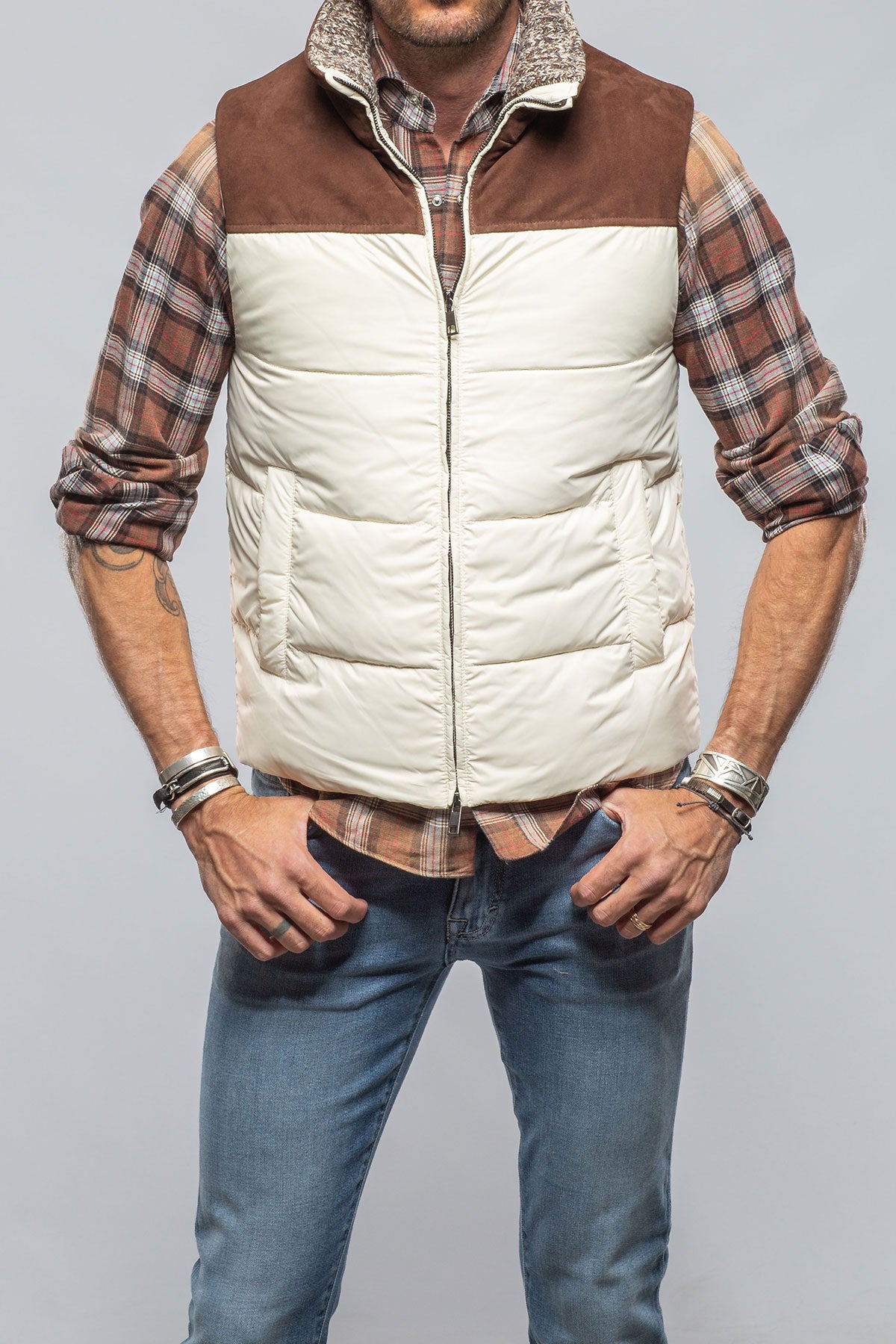 Vail Vest In White with Brown Suede | Mens - Outerwear - Leather | DiBello