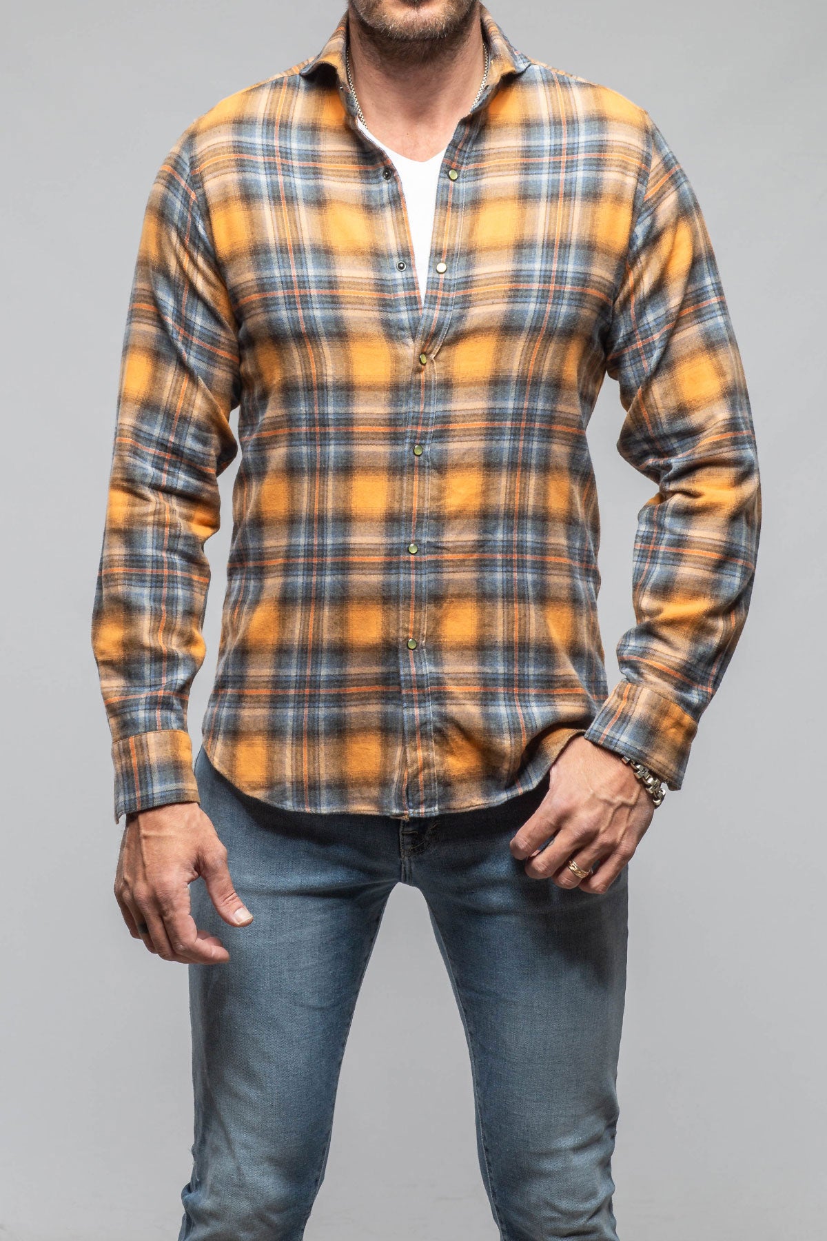 Sunbeam Cotton Check Snap Shirt In Orange Blue